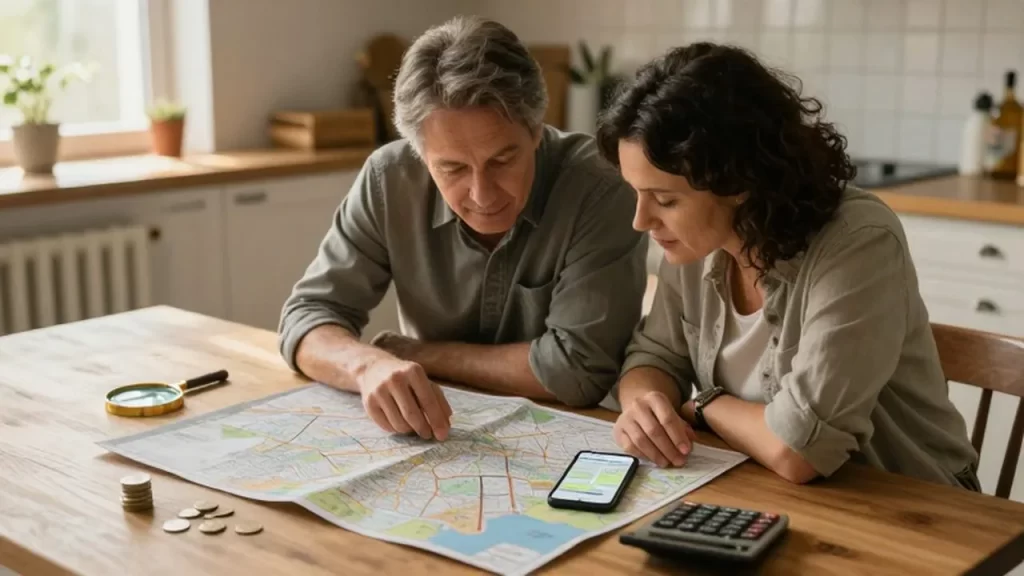 Pareja de mediana edad planeando un viaje sobre un mapa de papel en la cocina.
