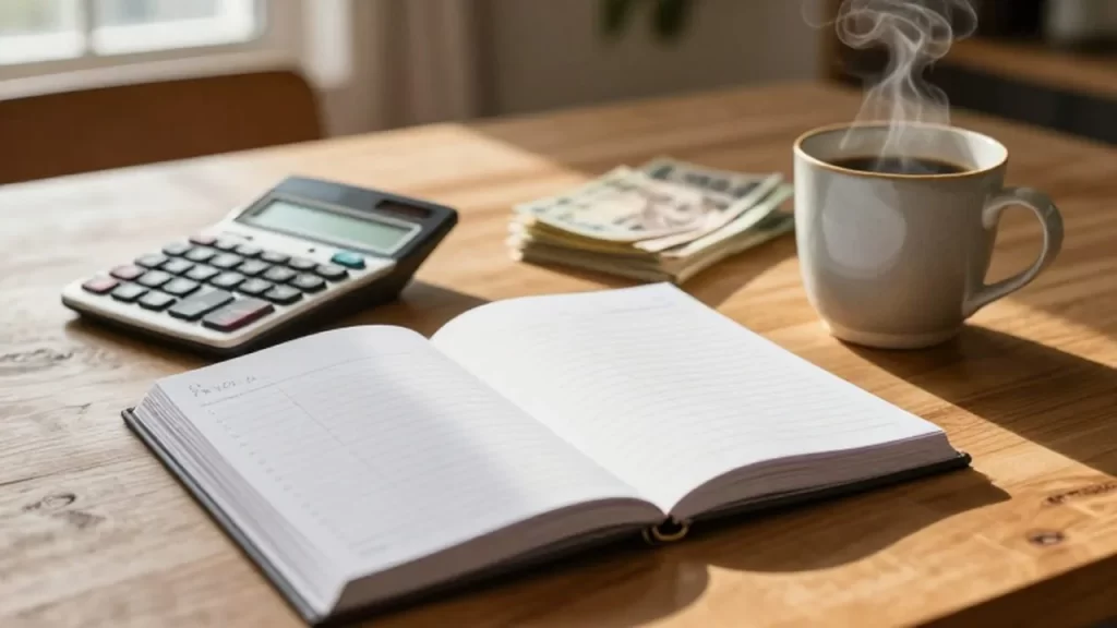 Planificador de presupuesto mensual junto a una calculadora