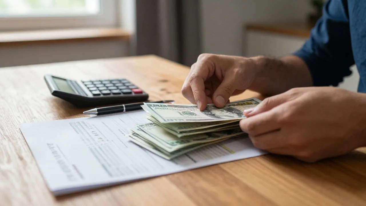 Manos organizando billetes y estados de cuenta sobre una mesa de madera con una calculadora.