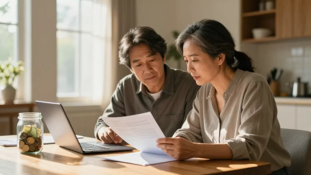 Pareja de mediana edad revisando documentos y un portátil en una mesa iluminada por la mañana.