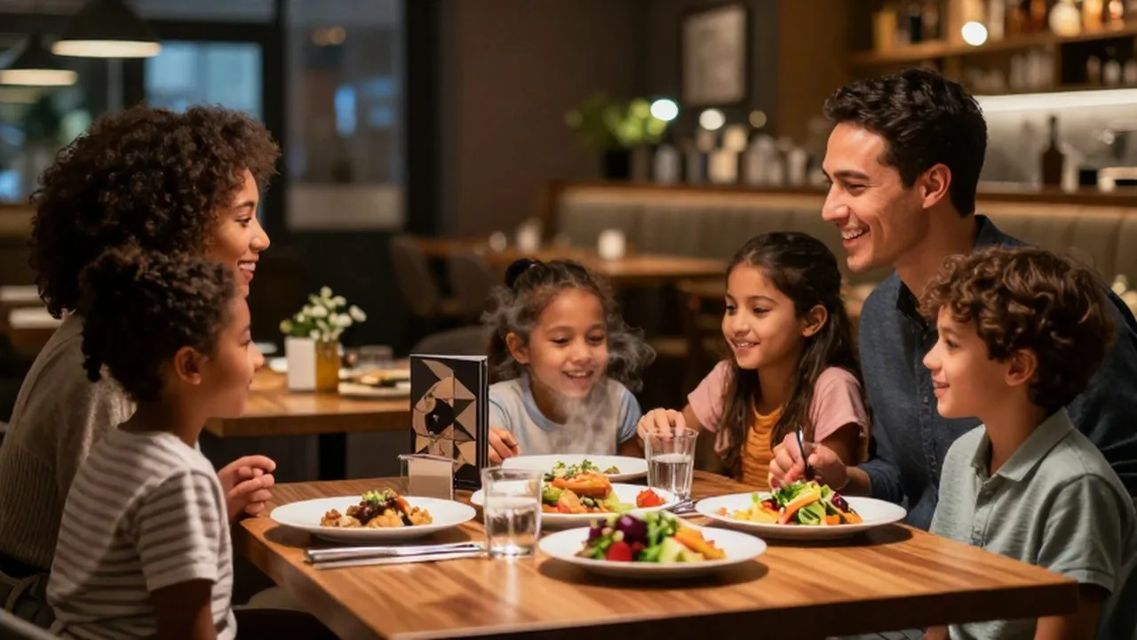 Una familia joven y feliz disfruta de una comida frente a platos coloridos en un acogedor restaurante.