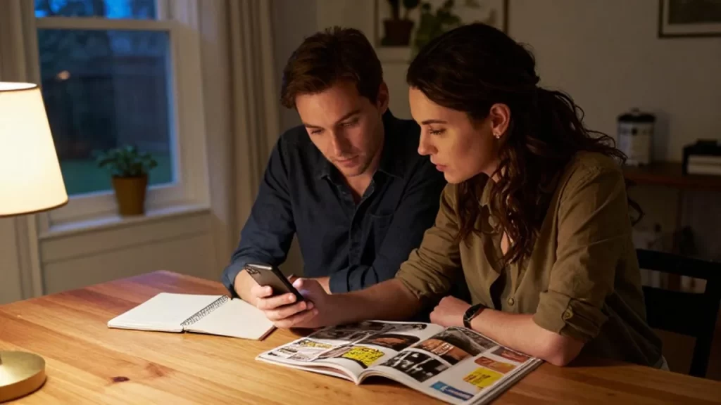Pareja sentada en una mesa de madera revisando un teléfono