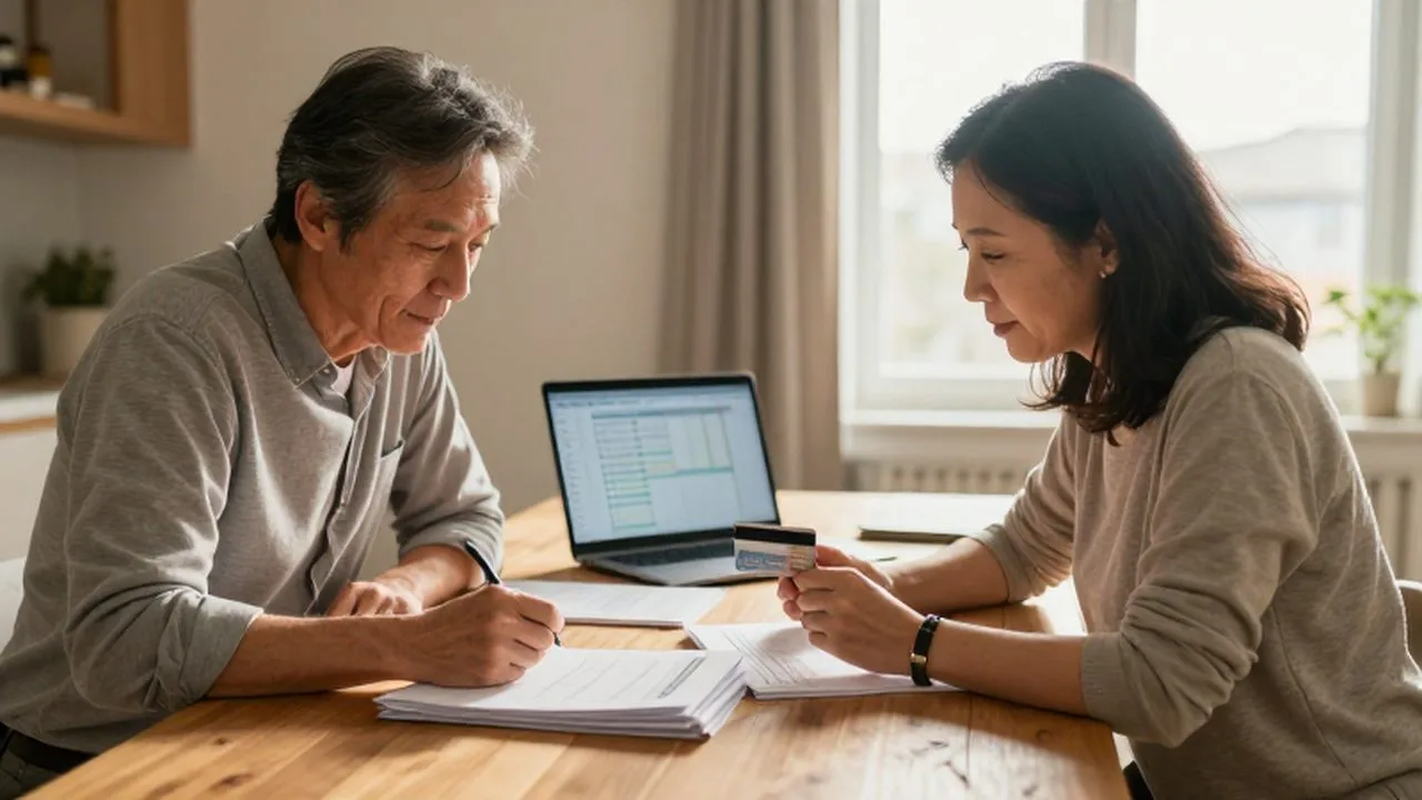 Pareja de mediana edad revisando documentos financieros y una tarjeta de crédito en una mesa iluminada.