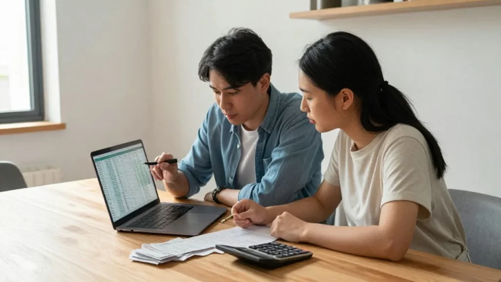 Pareja joven revisando un presupuesto en un portátil y notas sobre una mesa de madera.