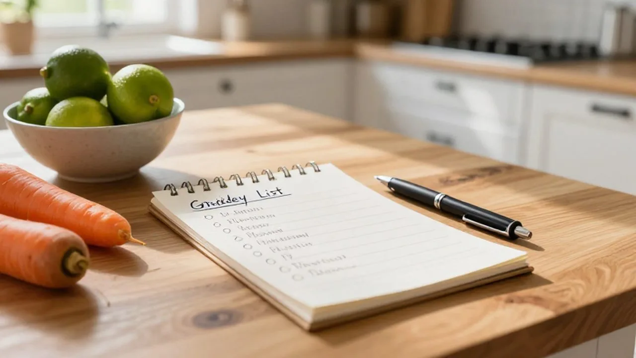 Lista de compras escrita a mano junto a limas y zanahorias sobre una mesa de madera.