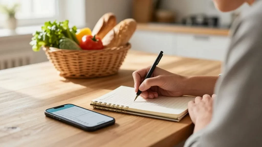 Persona escribiendo una lista de la compra junto a un móvil y vegetales frescos.