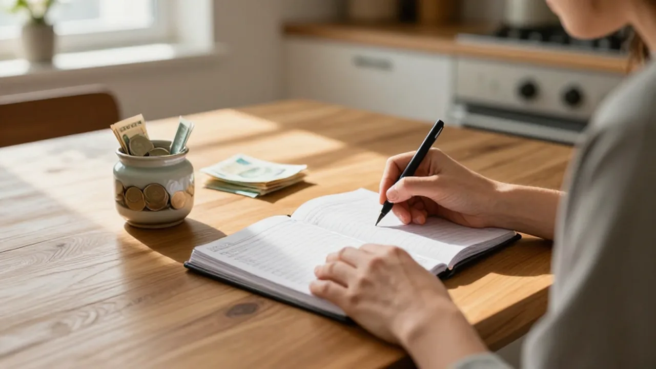Persona escribiendo en un planificador financiero junto a un tarro con ahorros en una mesa de madera.