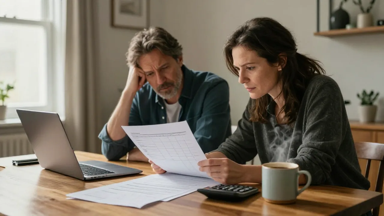 Pareja de mediana edad revisando con atención sus finanzas y un planificador sobre la mesa.