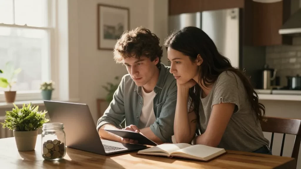 Pareja joven planificando sus finanzas frente a una computadora y un frasco con monedas.
