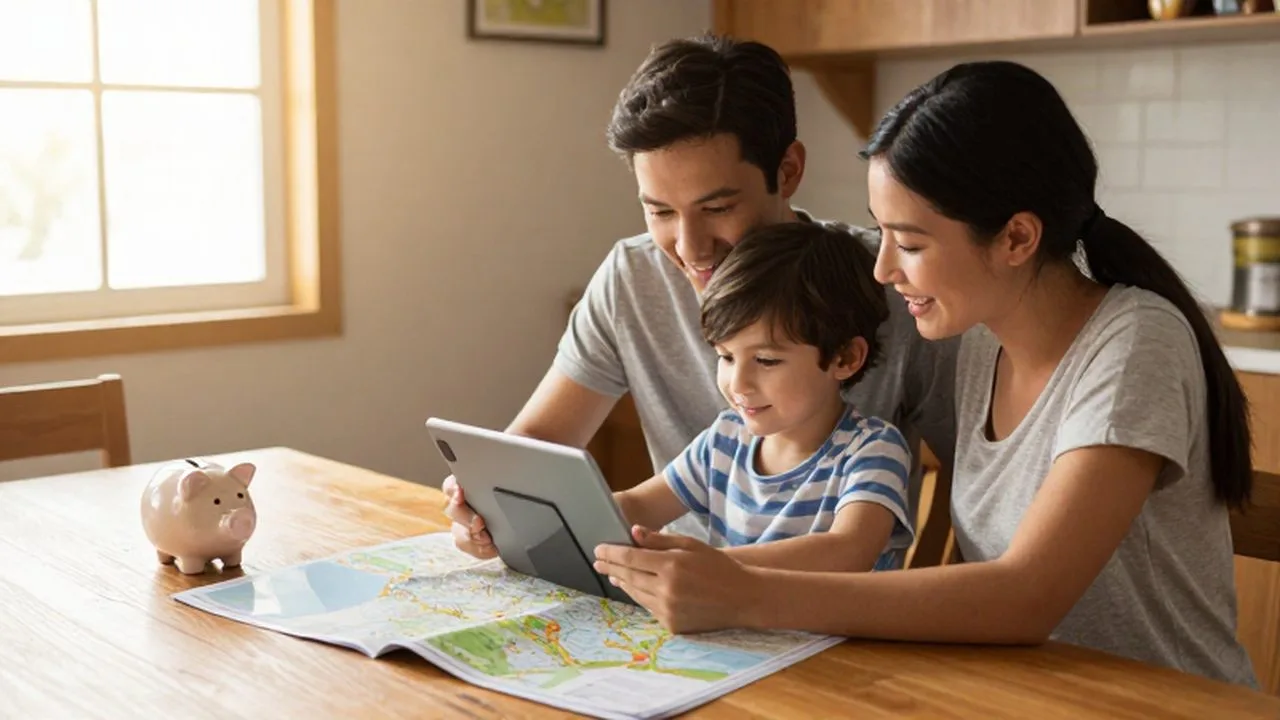 Familia joven sonriente planeando un viaje con un mapa, una tableta y una hucha.