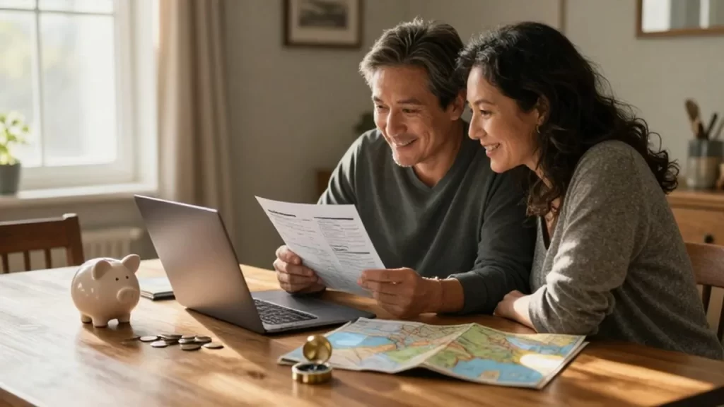 Pareja sonriente planeando un viaje frente a un portátil con ahorros y un mapa.
