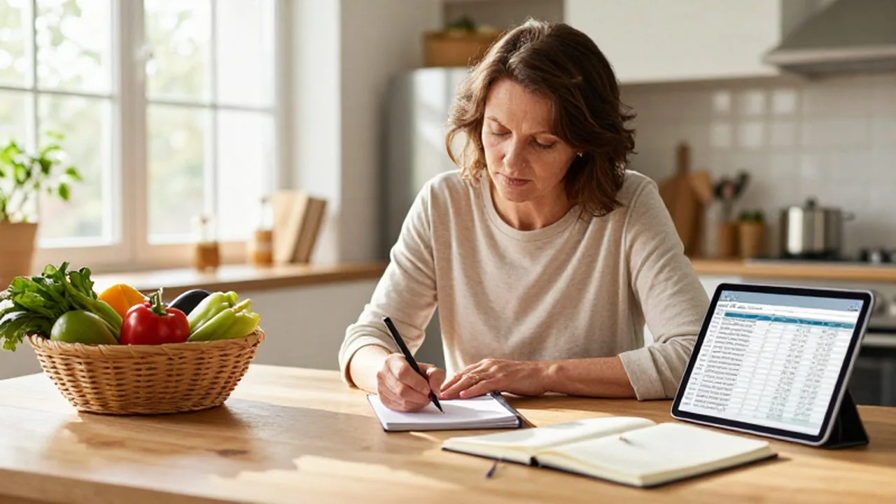 Mujer de mediana edad escribiendo una lista de compras junto a una tableta y vegetales frescos.