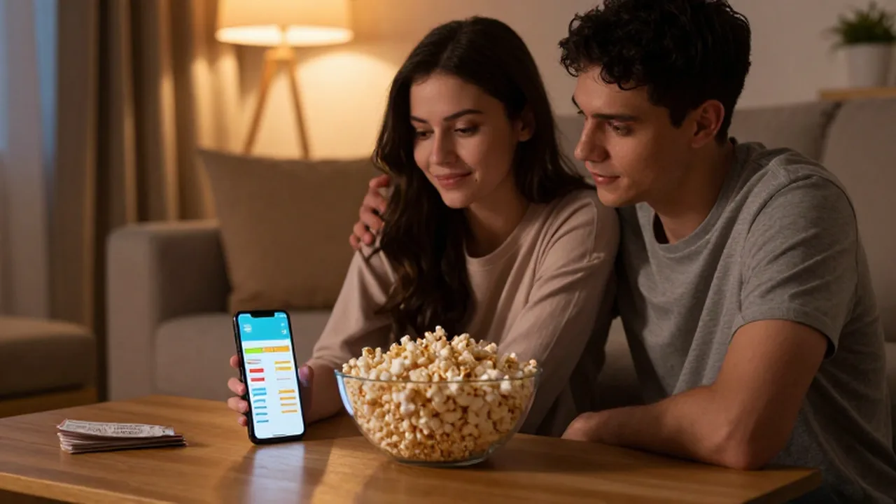 Pareja joven en su sala con un móvil mostrando una aplicación de presupuesto y palomitas.
