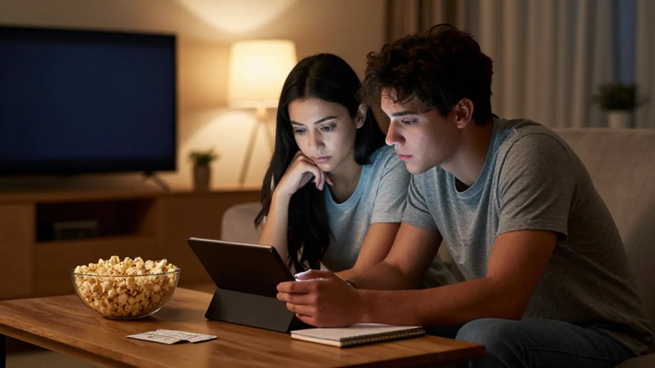 Pareja joven revisando una tablet y una libreta con atención en una sala acogedora.
