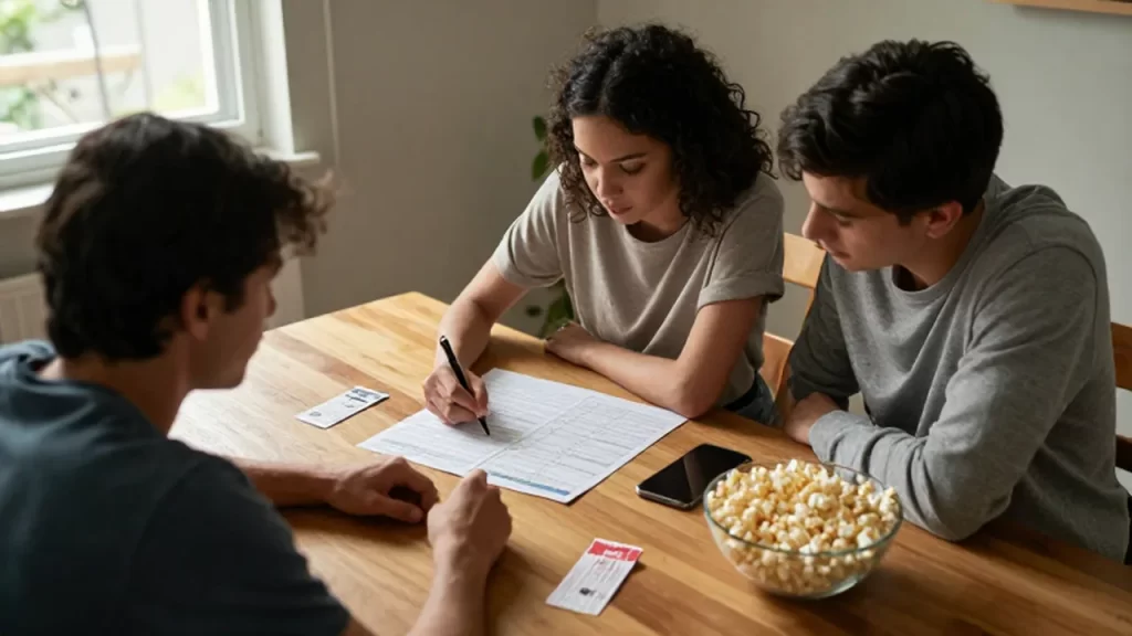 Una pareja joven planifica su presupuesto en la mesa junto a entradas de cine y palomitas.