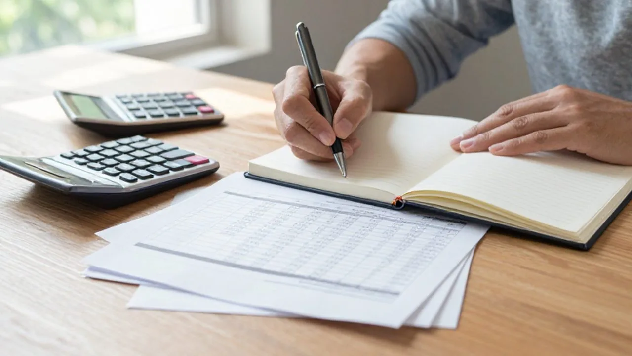 Manos escribiendo en un cuaderno junto a estados financieros y una calculadora sobre una mesa de madera.