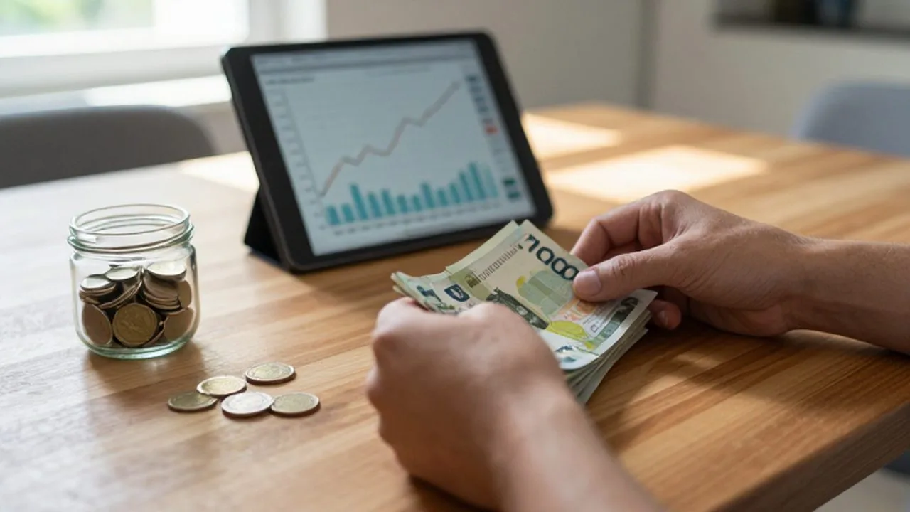 Manos organizando billetes, monedas en un frasco y una tableta con gráficos de ahorro.