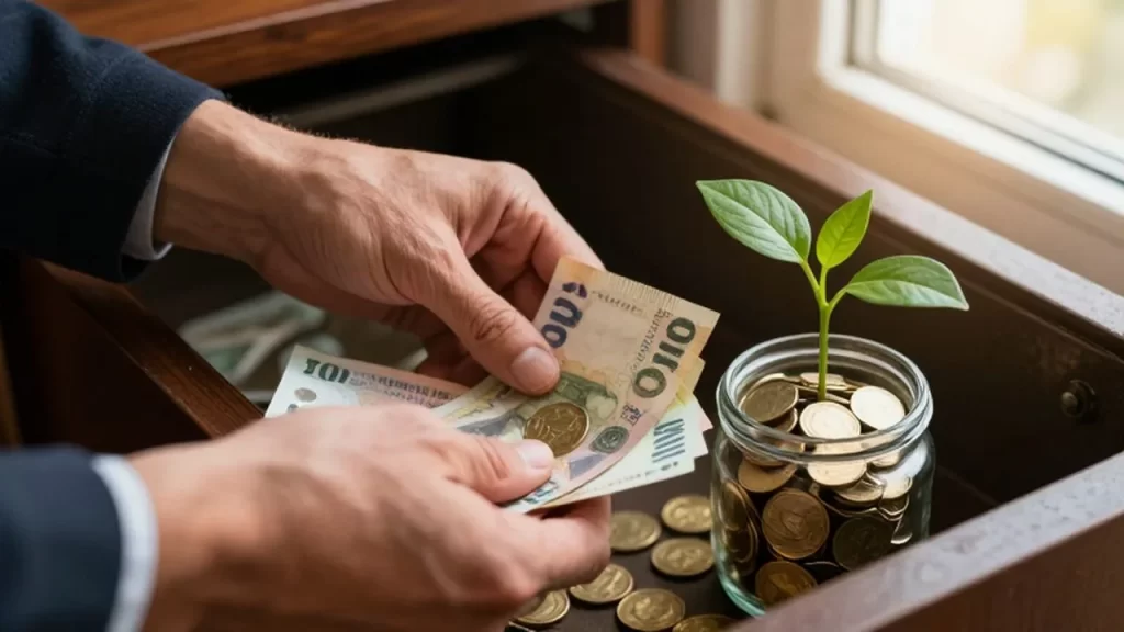 Manos organizando billetes y monedas de oro en una caja fuerte junto a una pequeña planta.