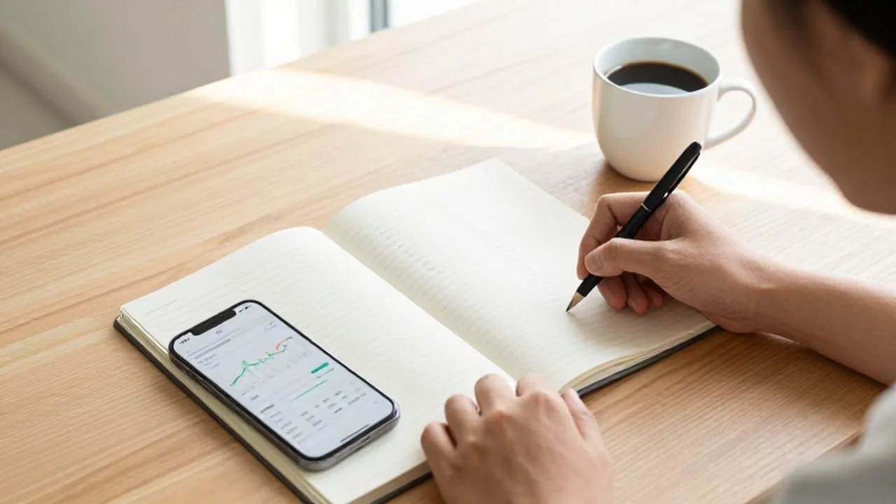 Persona organizando sus finanzas personales con un cuaderno anotado, un smartphone y café sobre un escritorio de madera.