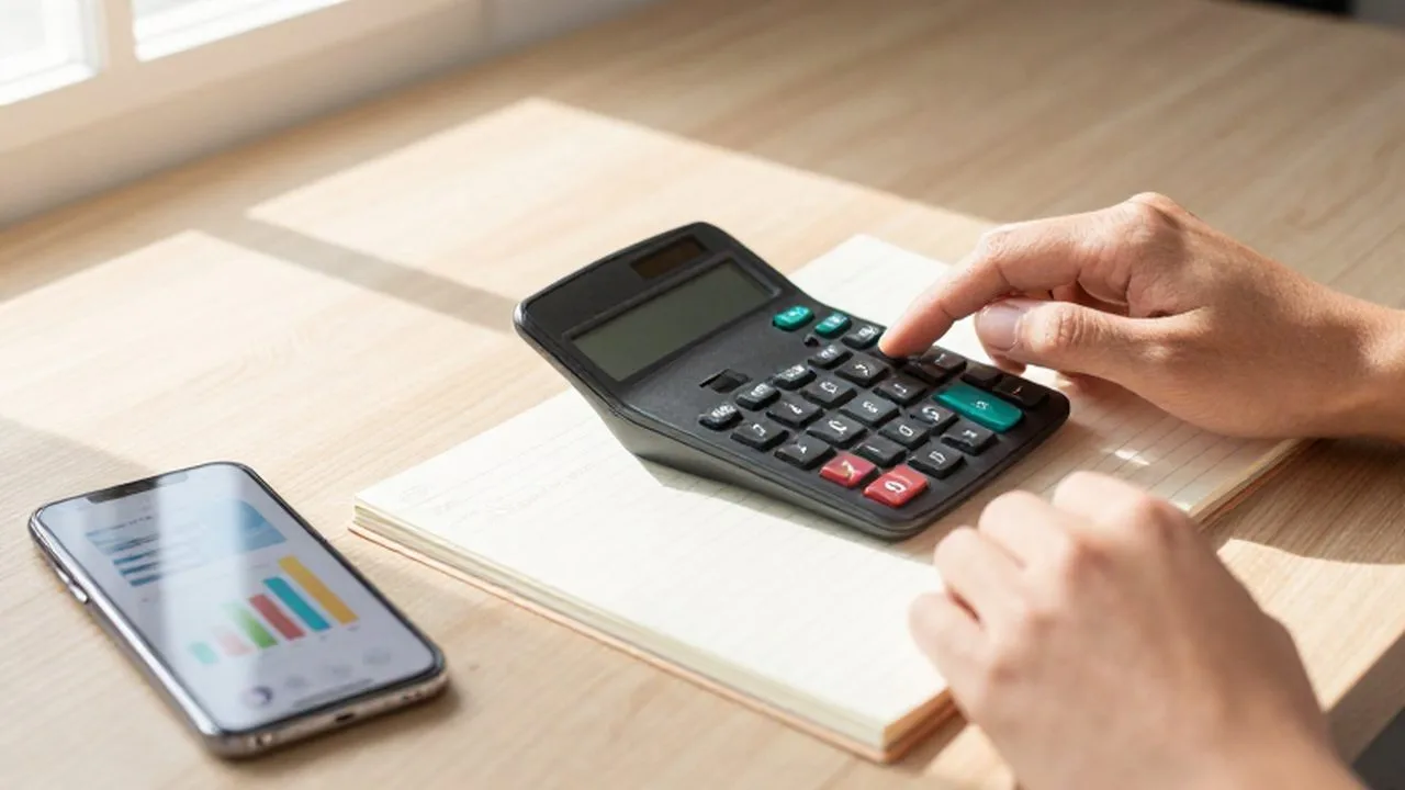 Manos usando una calculadora y un cuaderno junto a un teléfono con gráficos financieros.