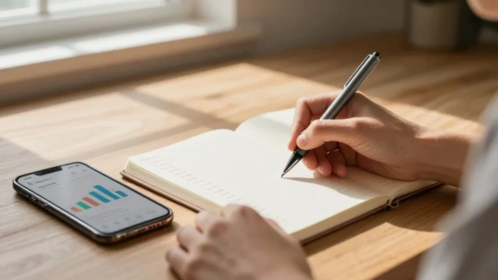 Persona escribiendo cifras en una agenda de papel junto a un smartphone con gráficos financieros.