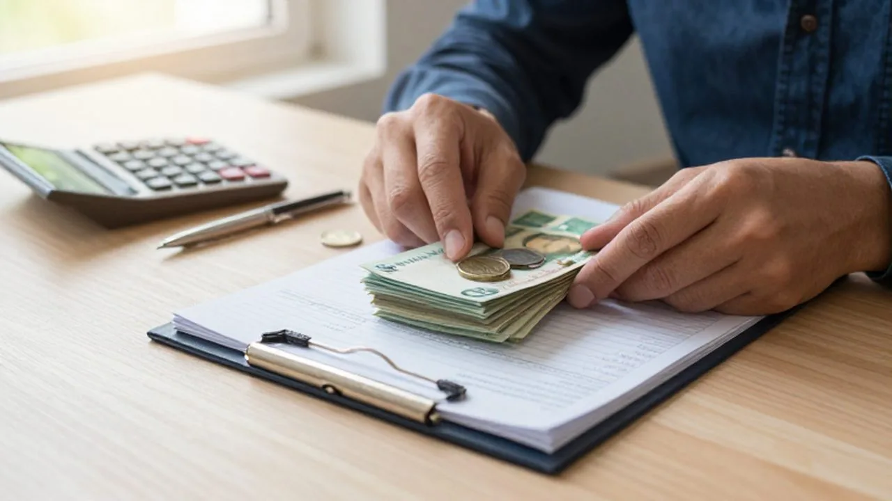 Manos organizando billetes y monedas junto a un libro de contabilidad sobre un escritorio de madera.