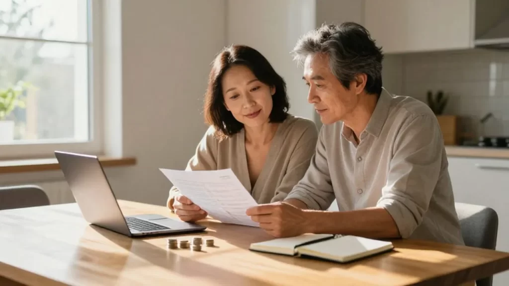 Pareja de mediana edad revisando tranquilamente un presupuesto con una computadora y monedas.