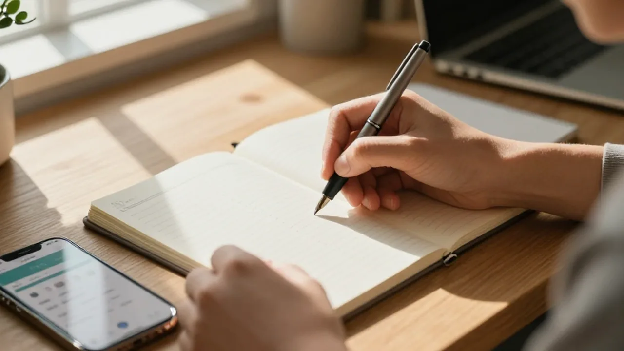 Manos escribiendo en una agenda de papel junto a un teléfono móvil sobre un escritorio de madera.