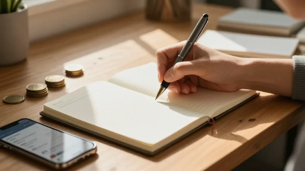 Manos escribiendo en un planificador de presupuesto junto a monedas y un teléfono móvil.
