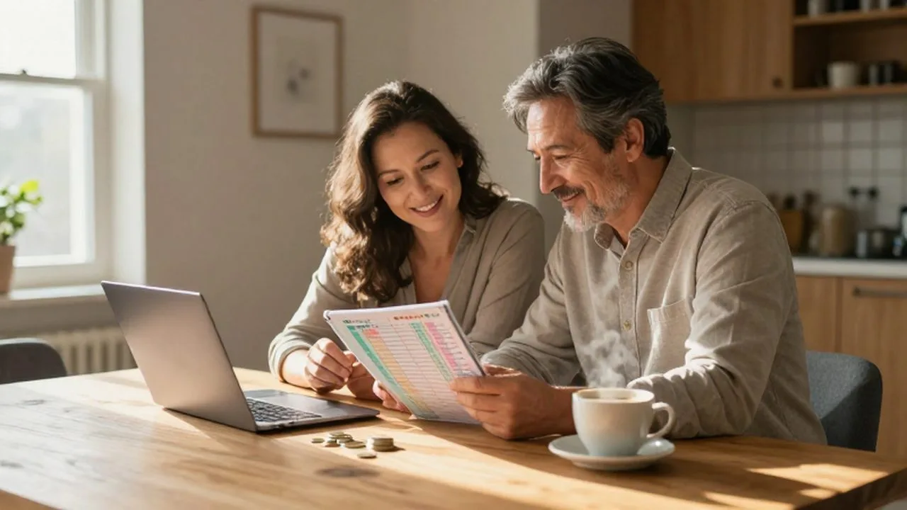 Pareja sentada en una mesa de madera revisando un planificador de presupuesto y un ordenador.