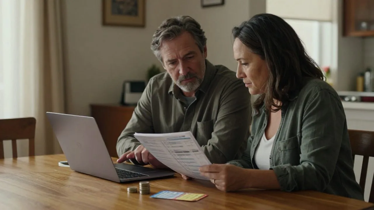 Pareja de mediana edad planificando su presupuesto frente a un portátil y una libreta.