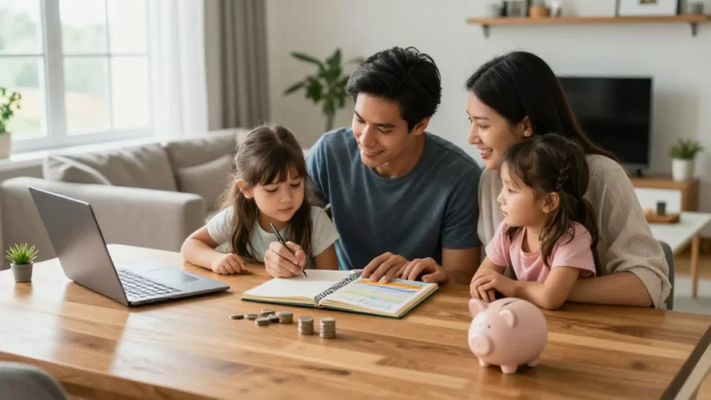 Una familia joven sonriente planifica su presupuesto familiar sentada a la mesa de comedor.