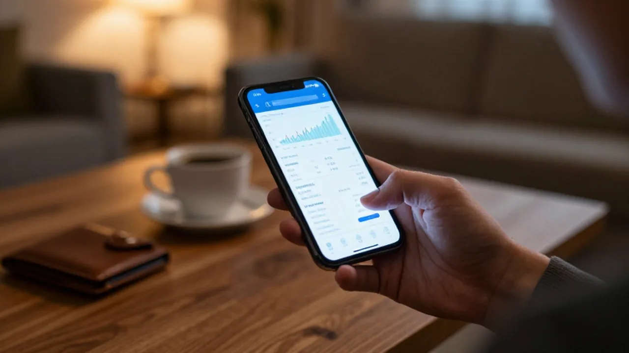 Manos sosteniendo un smartphone con gráficos financieros frente a una mesa con café y una billetera.