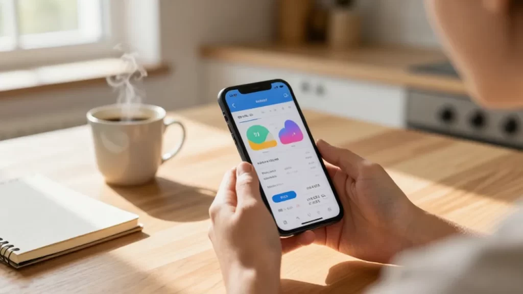 Manos sosteniendo un smartphone con una aplicación de finanzas junto a un café y un cuaderno.