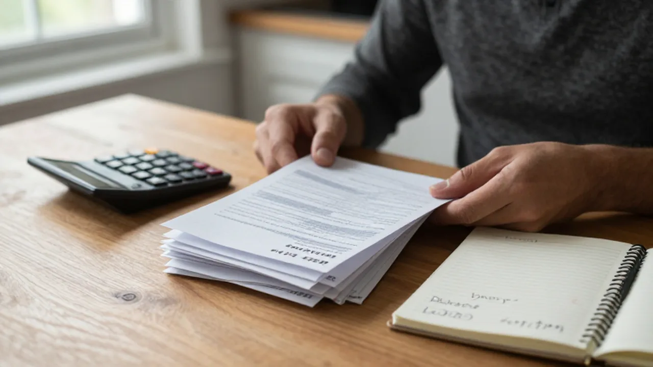 Manos organizando facturas y recibos de pago junto a una calculadora y un cuaderno.