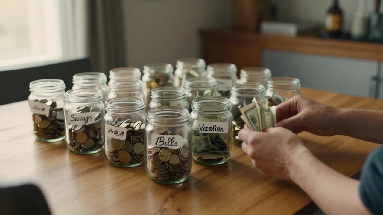 Persona organizando frascos de vidrio con monedas y billetes etiquetados para diferentes ahorros sobre una mesa de madera.