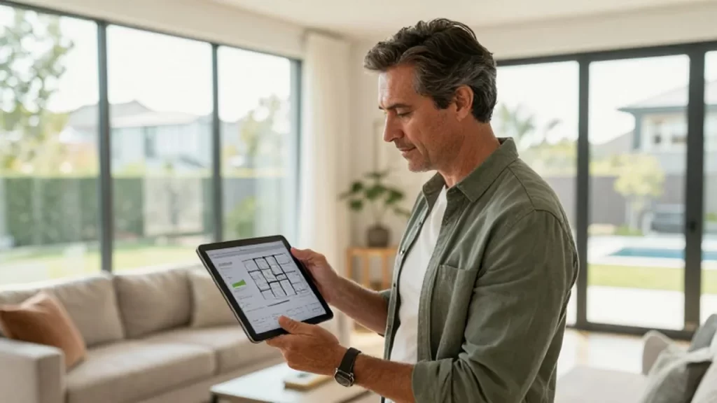 Tasador inmobiliario revisando datos en una tableta dentro de un salón moderno y luminoso.