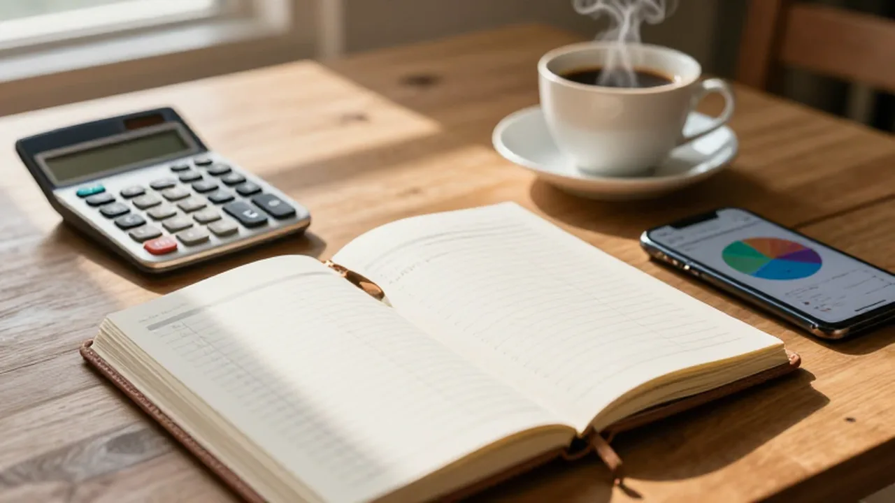 Planificación de presupuesto doméstico sobre una mesa de madera con libreta, calculadora y café.