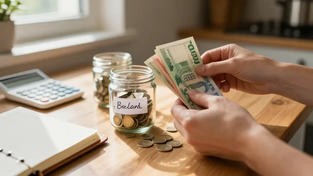 Manos organizando billetes y monedas en frascos de vidrio sobre una mesa de madera.