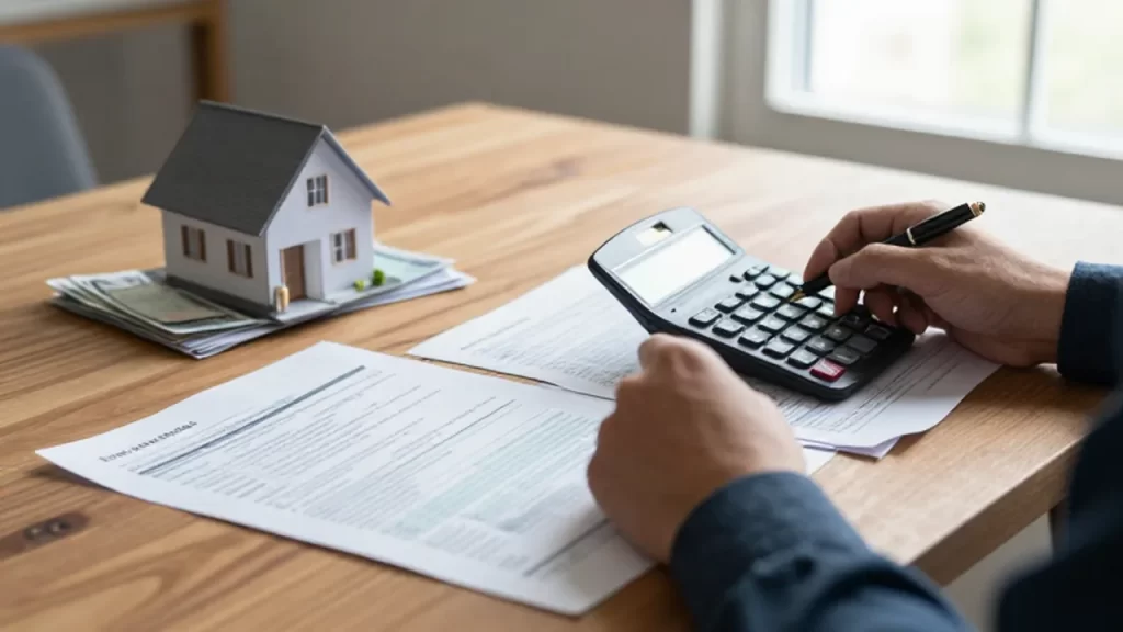 Manos con calculadora y pluma sobre documentos financieros y una pequeña maqueta de casa.