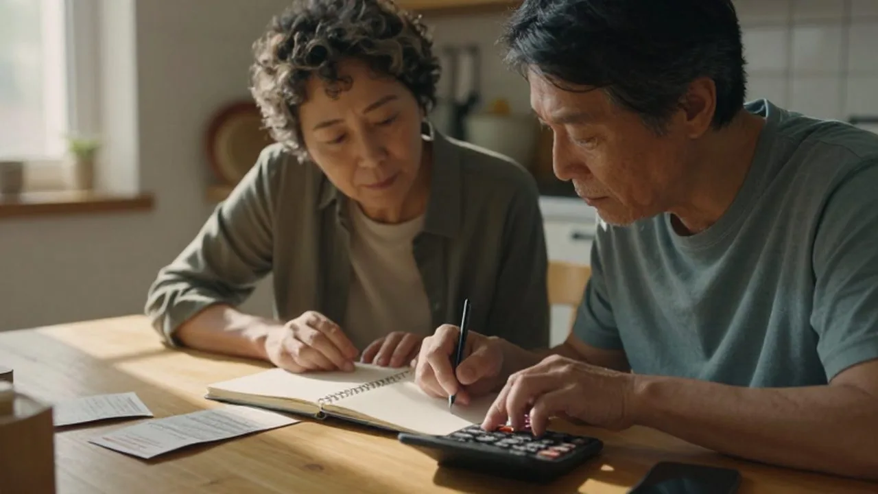 Pareja de mediana edad concentrada revisando cuentas con una calculadora y un cuaderno en una cocina iluminada.
