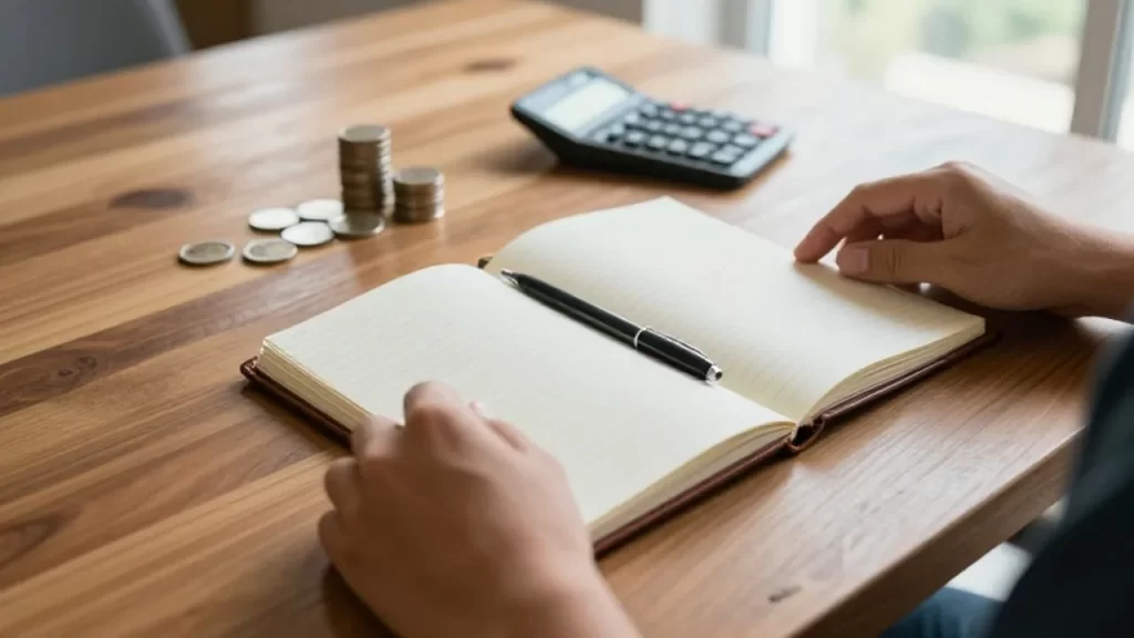 Manos abriendo un cuaderno de cuero sobre una mesa de madera con monedas y una calculadora.