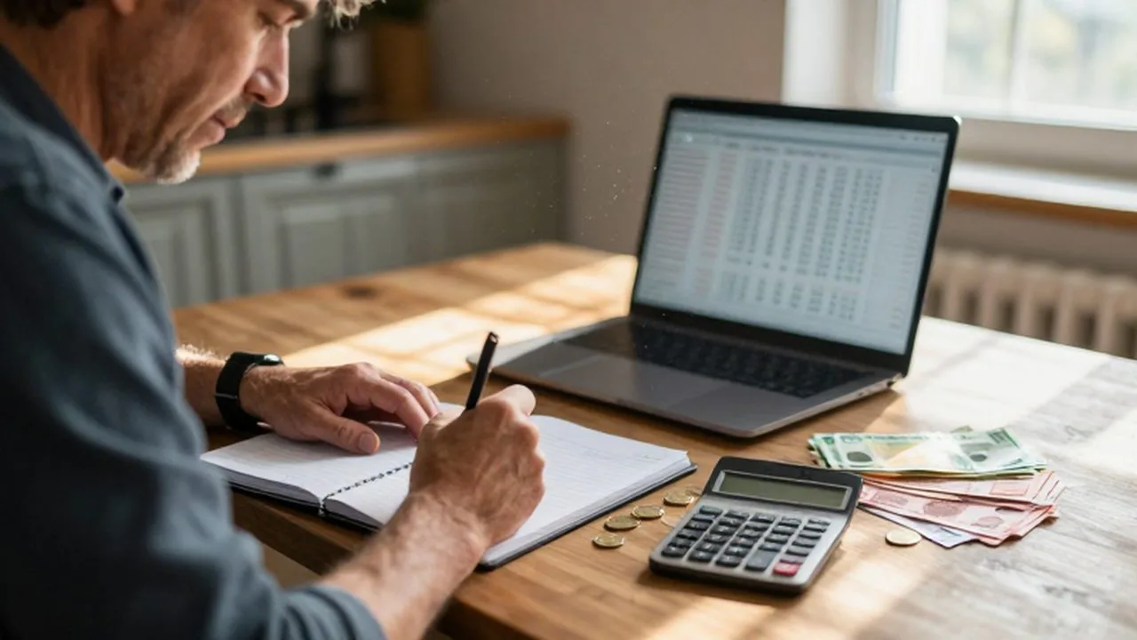 Persona concentrada gestionando sus finanzas con un cuaderno, calculadora y dinero sobre una mesa de madera.