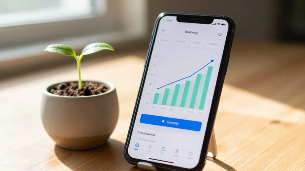 Smartphone con una aplicación de ahorros junto a una pequeña planta creciendo sobre un escritorio de madera.