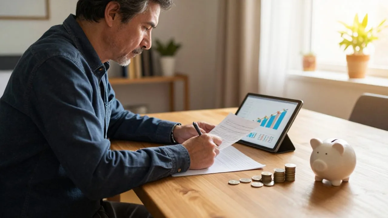 Hombre de mediana edad analizando documentos financieros y gráficos en una mesa con ahorros.