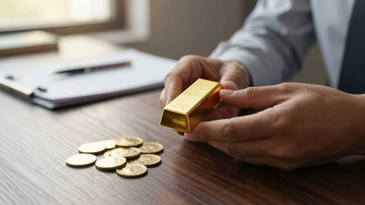 Manos examinando un lingote de oro y monedas sobre un escritorio de madera.