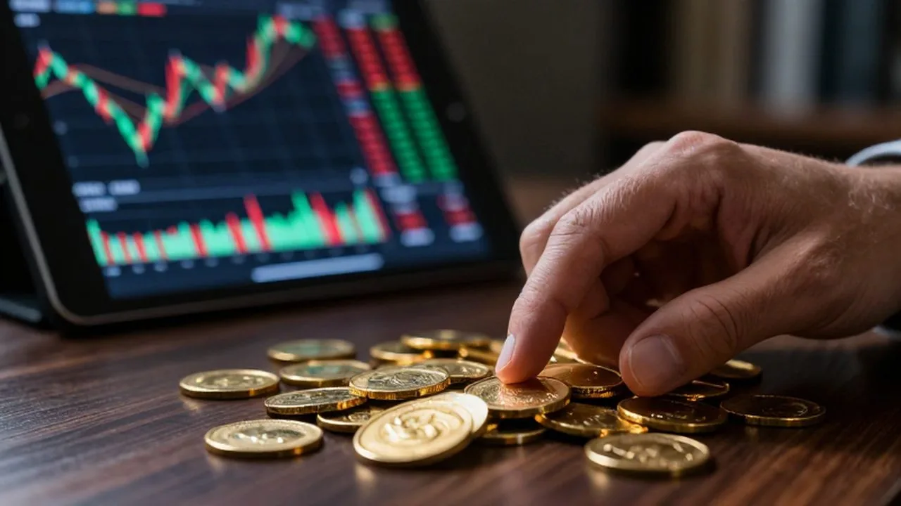 Una mano duda sobre monedas de oro y lingotes frente a un gráfico bursátil digital.