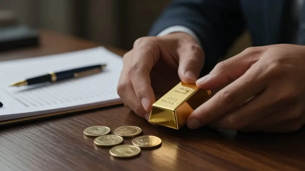 Manos examinando un lingote y monedas de oro sobre un escritorio de madera.