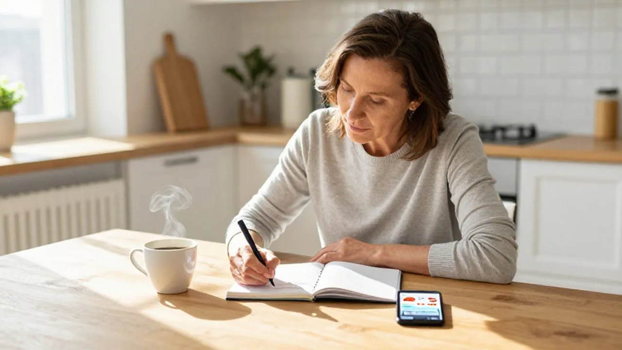 Mujer sentada en una cocina luminosa escribiendo en su agenda financiera junto a un teléfono.