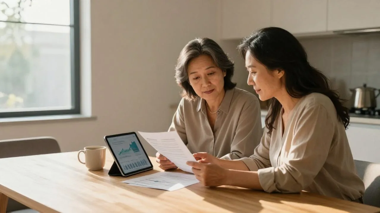 Pareja de mediana edad revisando documentos financieros y gráficos en una tableta en un hogar luminoso.